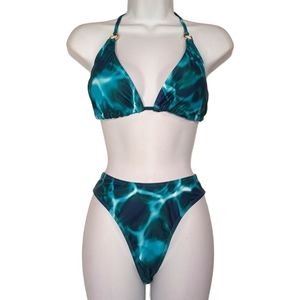 NEW Bikini Teal Blue Water Reflection Print Triangle Halter Neck Set Large